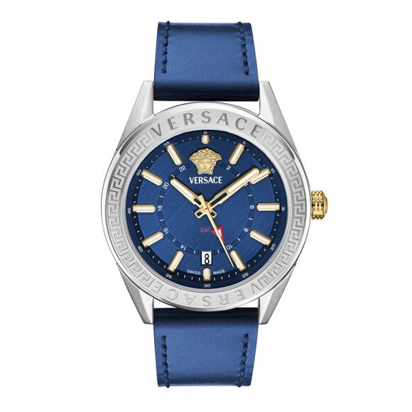 Versace V-Code GMT Leather Watch Silver Mens - Picture 1 of 5